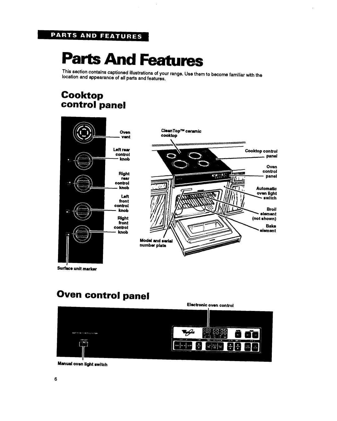 Whirlpool RS696PXB warranty Parts And Features, Cooktop control panel, Oven control panel 
