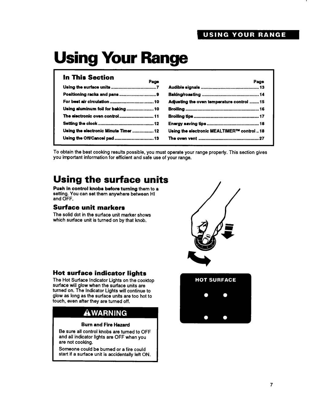 Whirlpool RS696PXB warranty Using Your Range, Using the surface units, In This Section, Page, Surface unit markers 