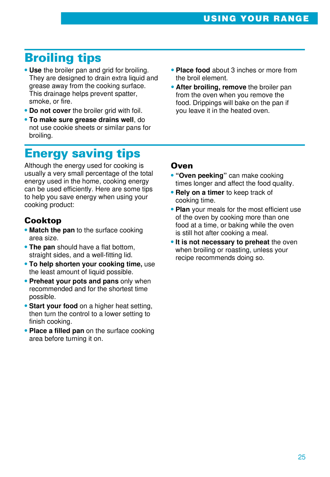 Whirlpool RS696PXE warranty Broiling tips, Energy saving tips, Cooktop, Oven 