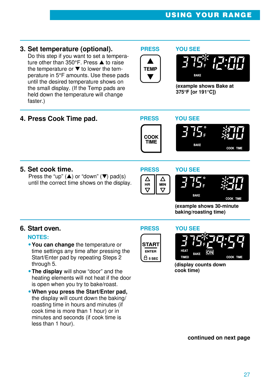 Whirlpool RS696PXE warranty Press Cook Time pad, Set cook time, On next 