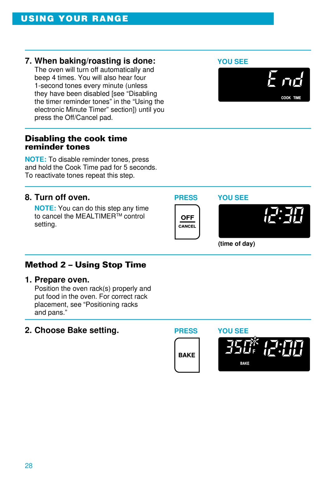 Whirlpool RS696PXE warranty When baking/roasting is done, Disabling the cook time reminder tones Turn off oven 