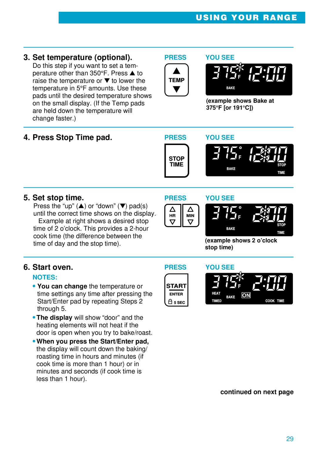 Whirlpool RS696PXE warranty Press Stop Time pad, Set stop time 