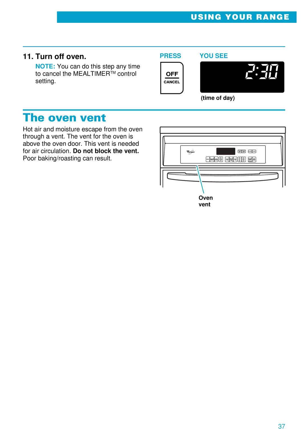 Whirlpool RS696PXE warranty Oven vent, Turn off oven 