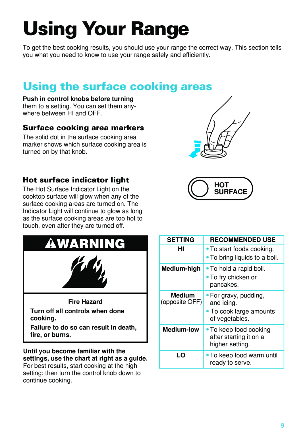 Whirlpool RS696PXE warranty Using Your Range, Using the surface cooking areas, Surface cooking area markers 