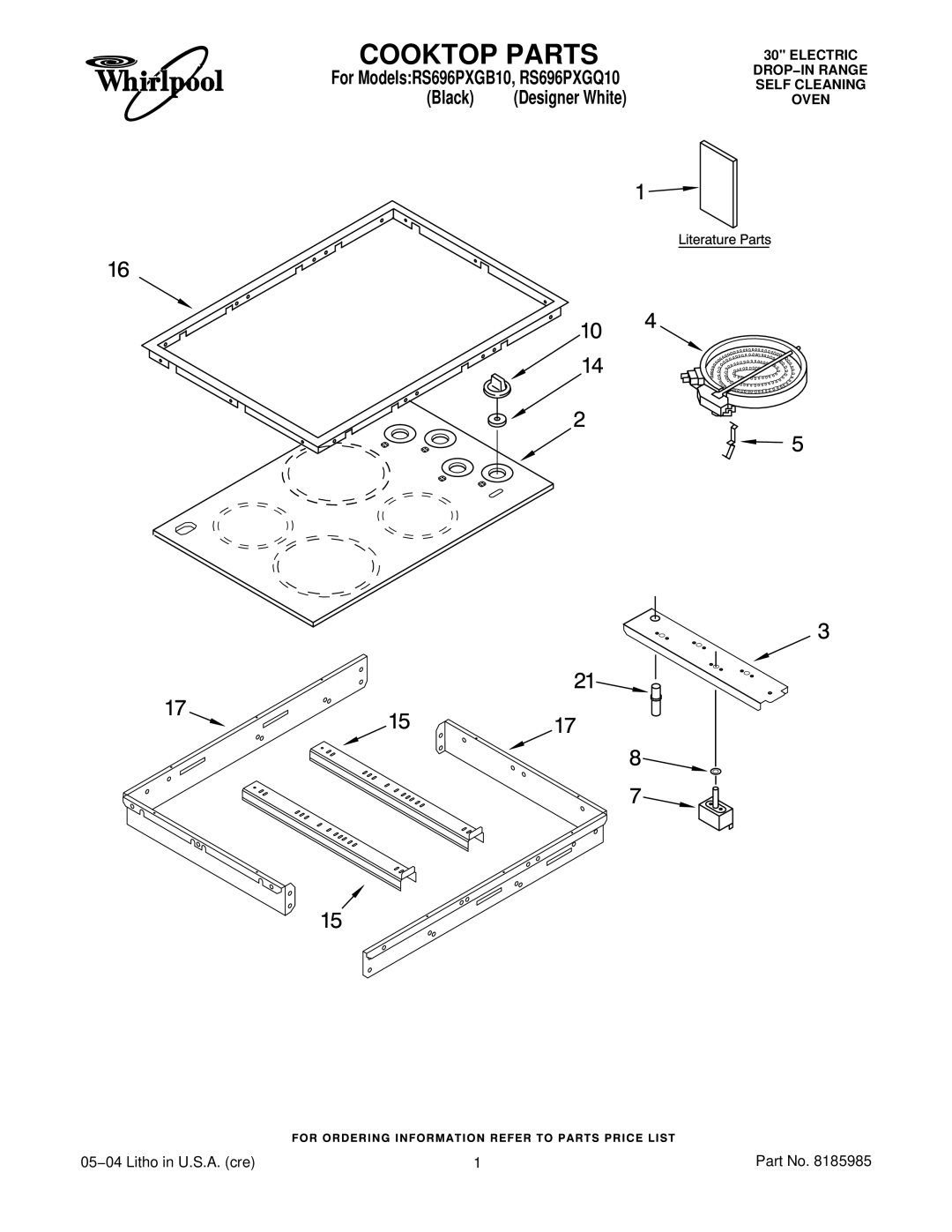 Whirlpool RS696PXGQ10, RS696PXGB10 manual Cooktop Parts 