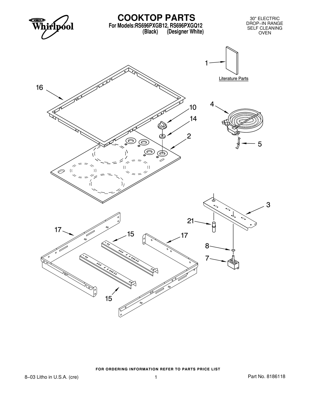 Whirlpool RS696PXGQ12, RS696PXGB12 manual Cooktop Parts 