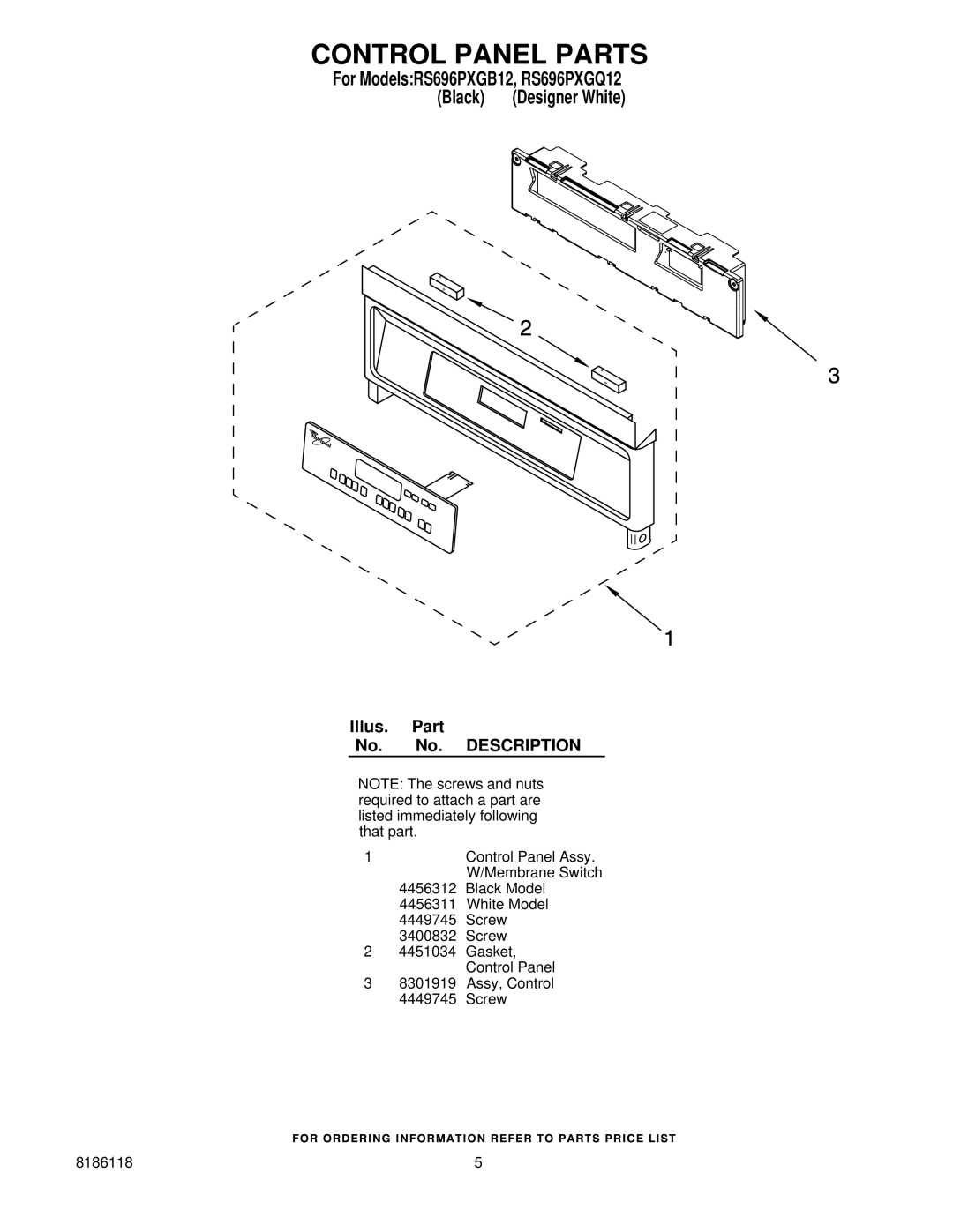 Whirlpool RS696PXGQ12, RS696PXGB12 manual Control Panel Parts 