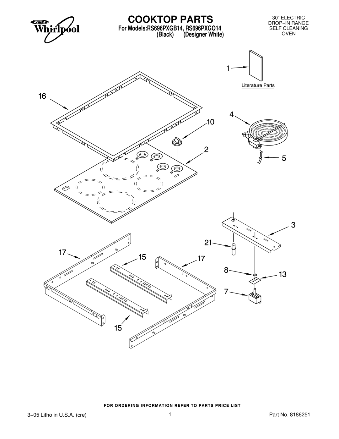 Whirlpool RS696PXGQ14, RS696PXGB14 manual Cooktop Parts 