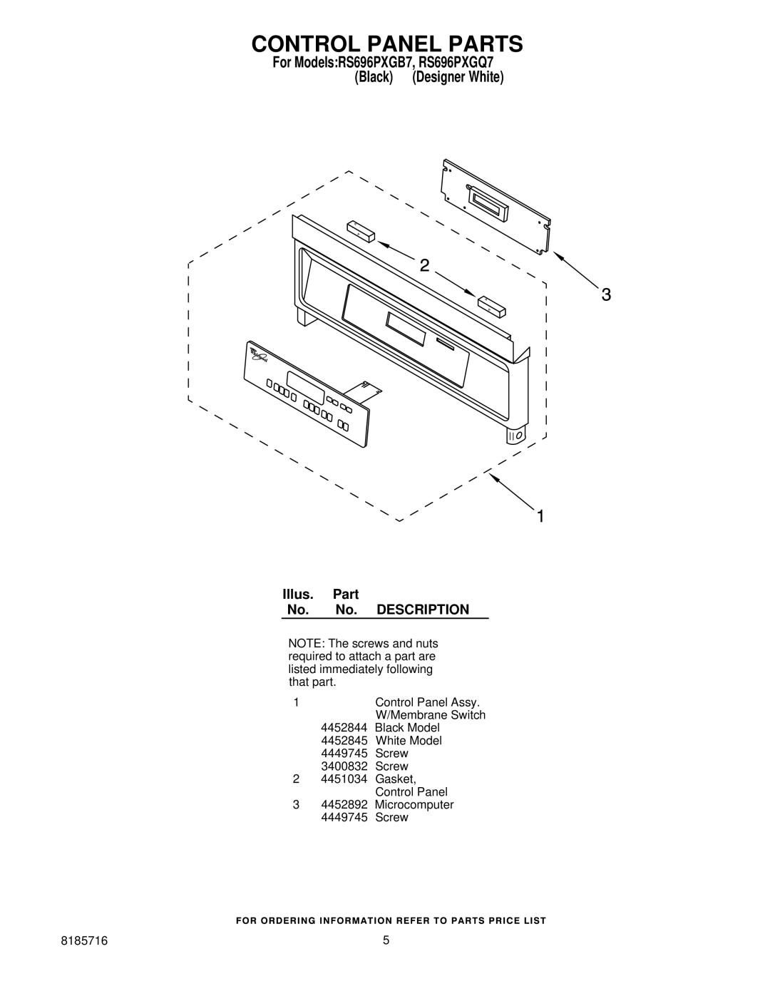 Whirlpool RS696PXGQ7, RS696PXGB7 manual Control Panel Parts 