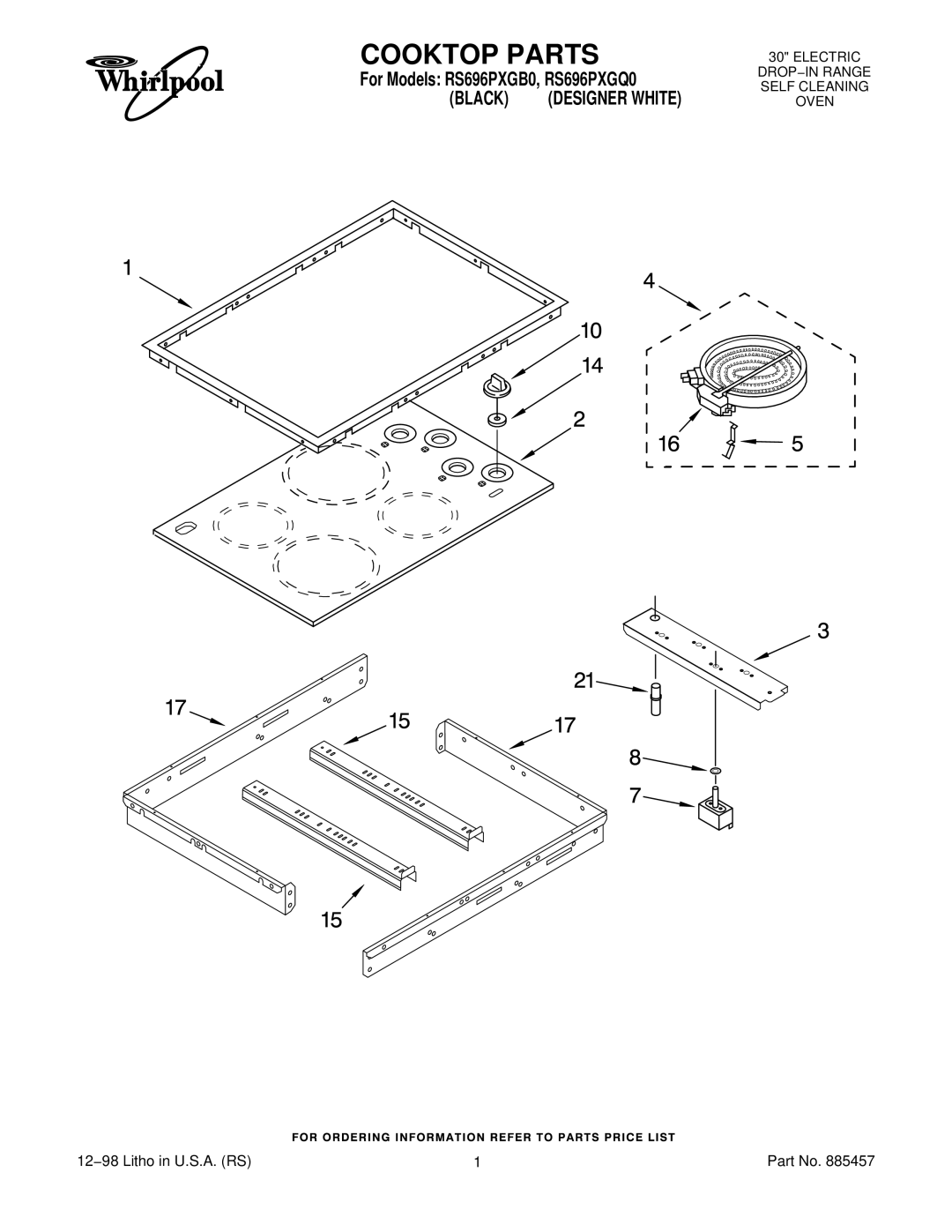 Whirlpool RS696PXGB0, RS696PXGQ0 manual Cooktop Parts 