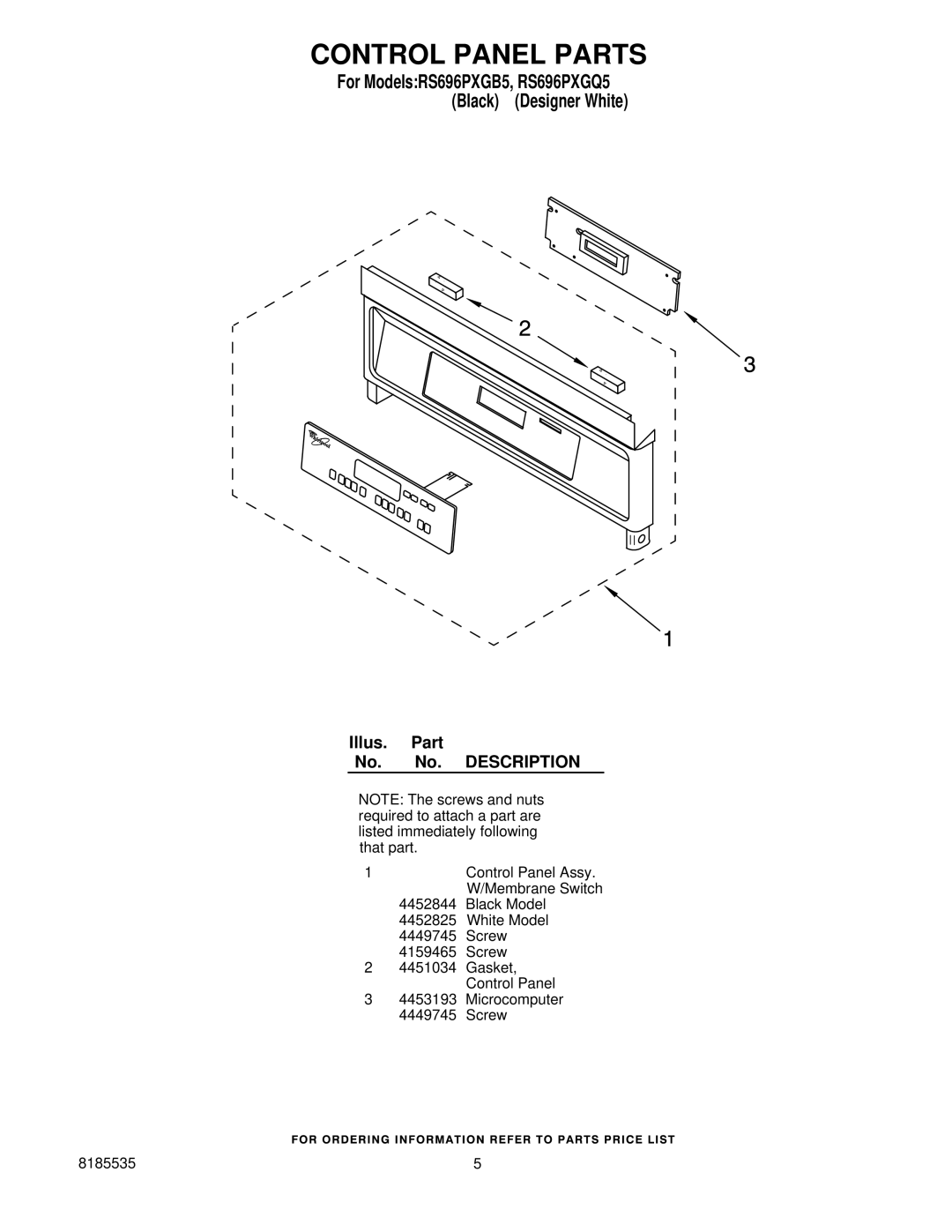 Whirlpool RS696PXGB5, RS696PXGQ5 manual Control Panel Parts 