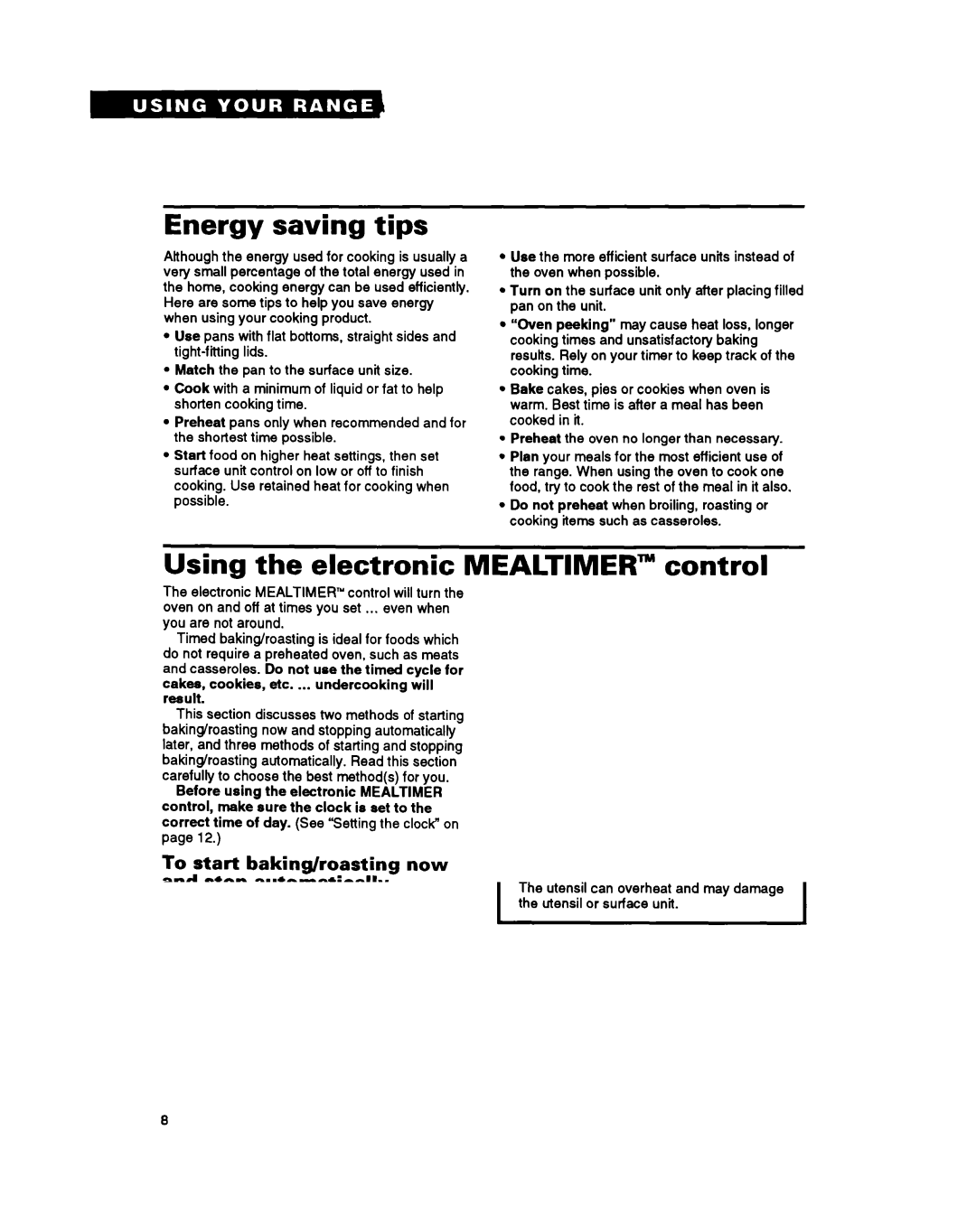 Whirlpool RS696PXY manual Energy saving tips, Using the electronic Mealtimer control 