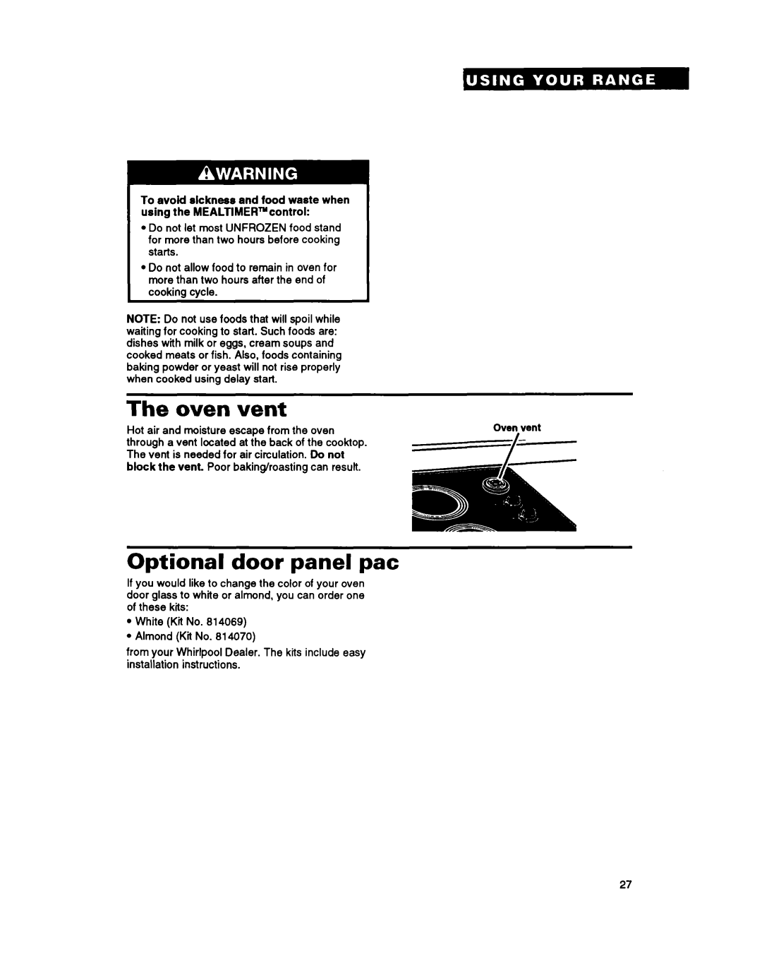 Whirlpool RS696PXY manual Oven Vent, Optional door panel pat 