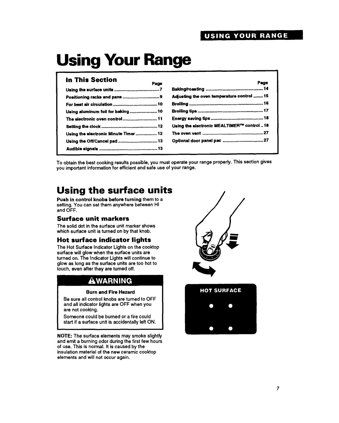 Whirlpool RS696PXY manual Using Your Range, Using the surface units, This Section, Surface unit markers 