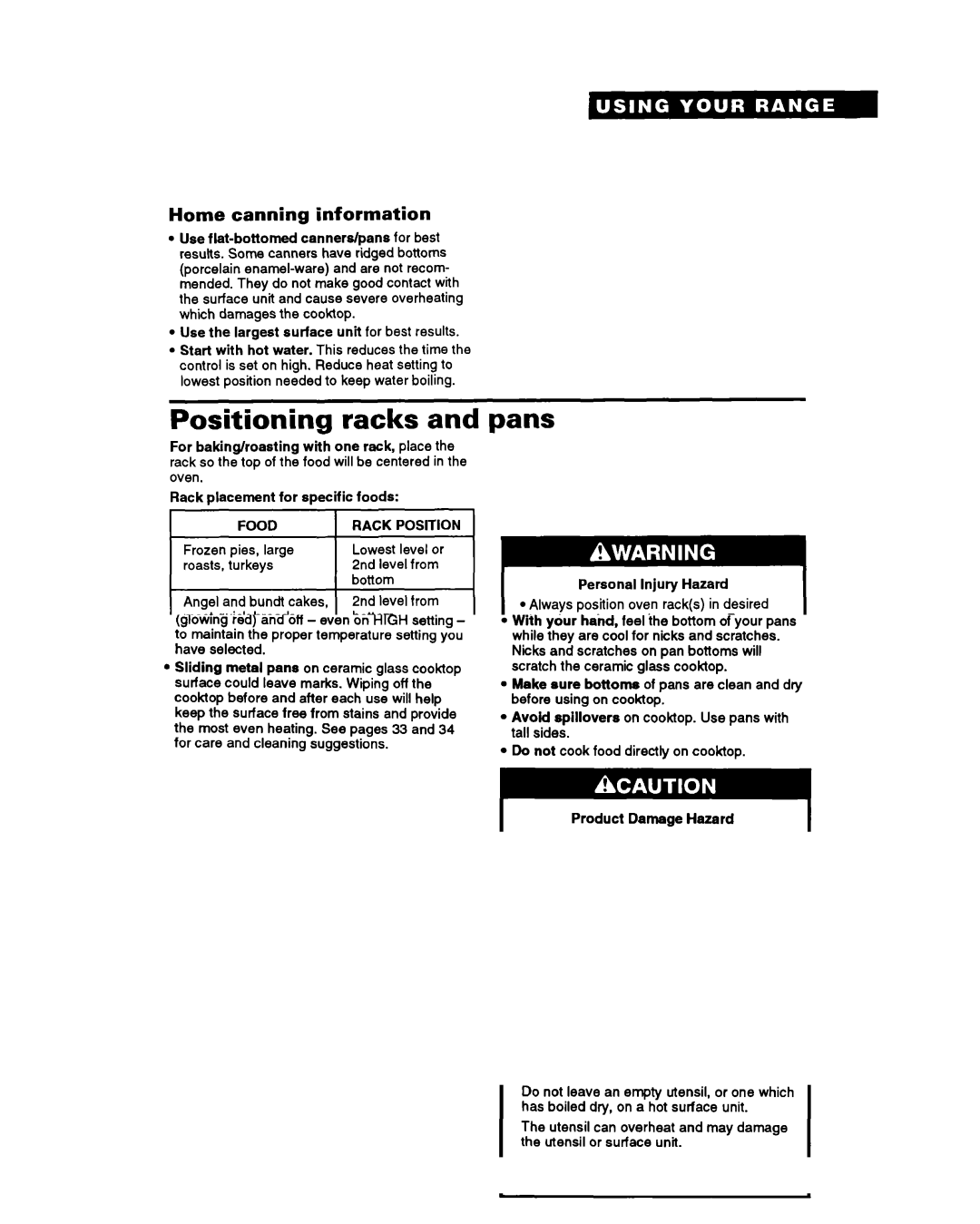 Whirlpool RS696PXY manual Positioning racks, Pans, Home canning information, Food Rack 