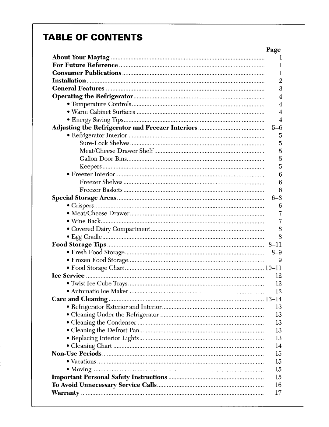 Whirlpool RSD2200, RSD2000, RSD2400 warranty Table of Contents 