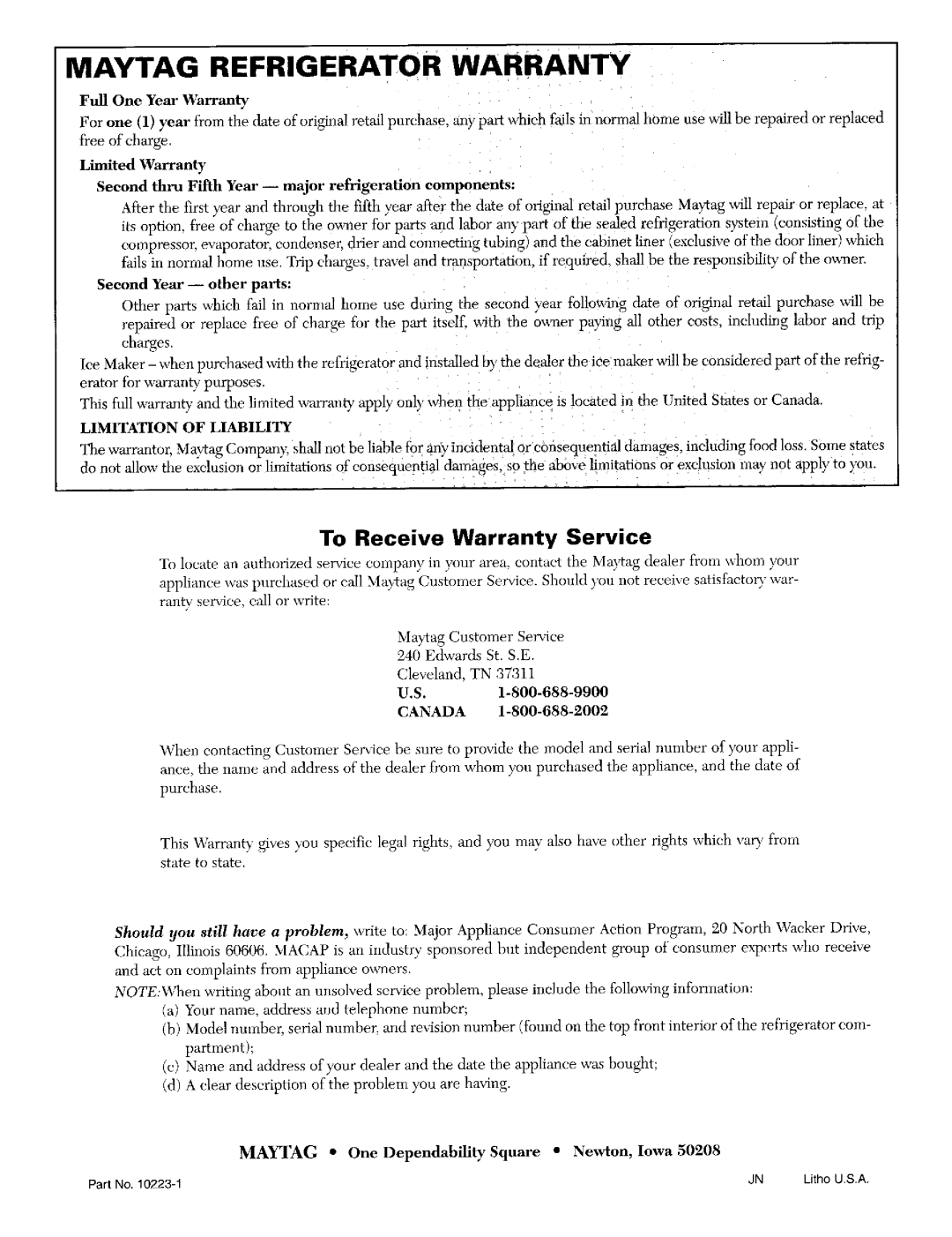 Whirlpool RSD2200, RSD2000, RSD2400 warranty Maytag Refrigerator Warranty, To Receive Warranty Service 