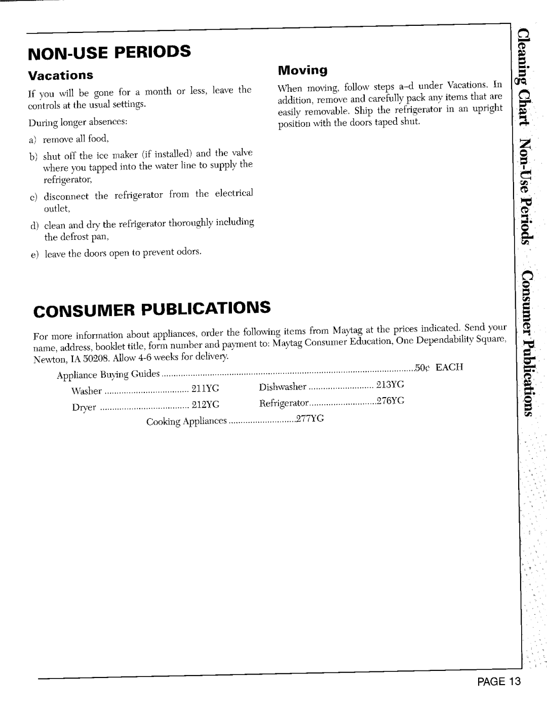 Whirlpool RSD2400, RSD2000, RSD2200 warranty VacationsNON-USE Periods, Consumer Publications 