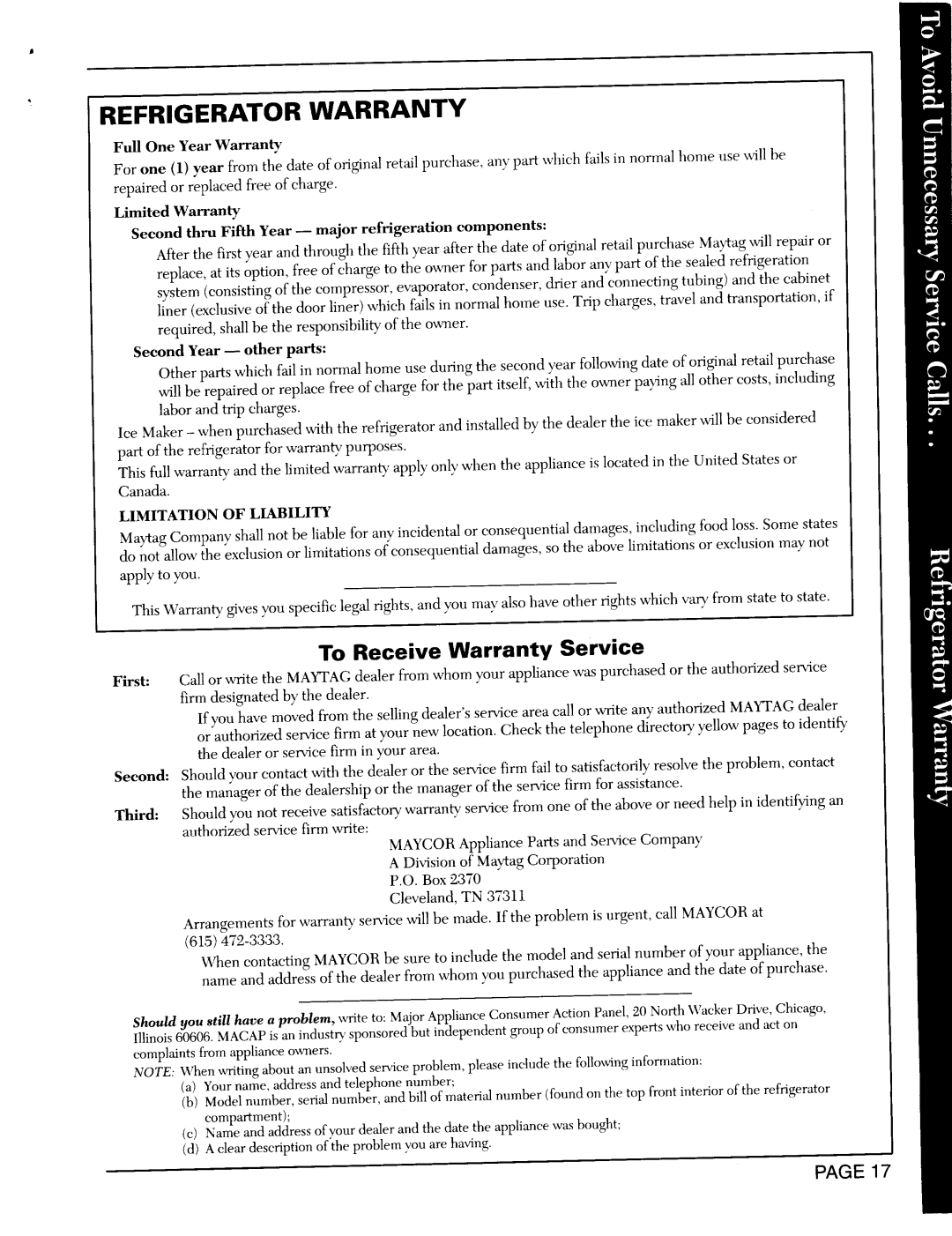 Whirlpool RSD2200, RSD2000, RSD2400 warranty Refrigerator Warranty, To Receive Warranty Service 