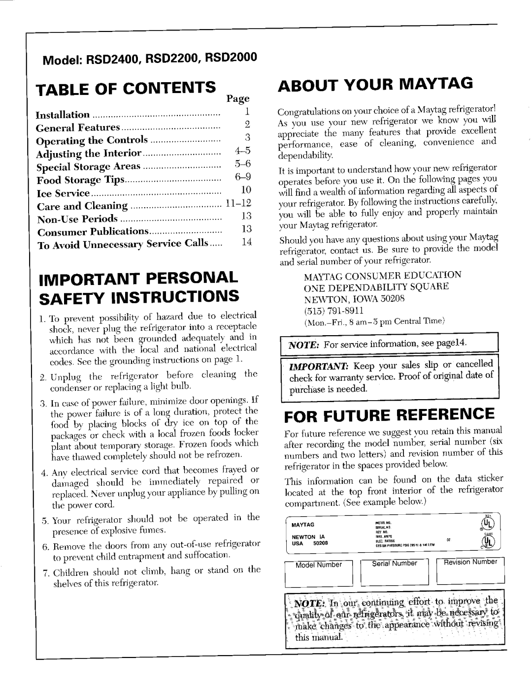 Whirlpool RSD2000, RSD2200, RSD2400 warranty Table of Contents, Safety Instructions 