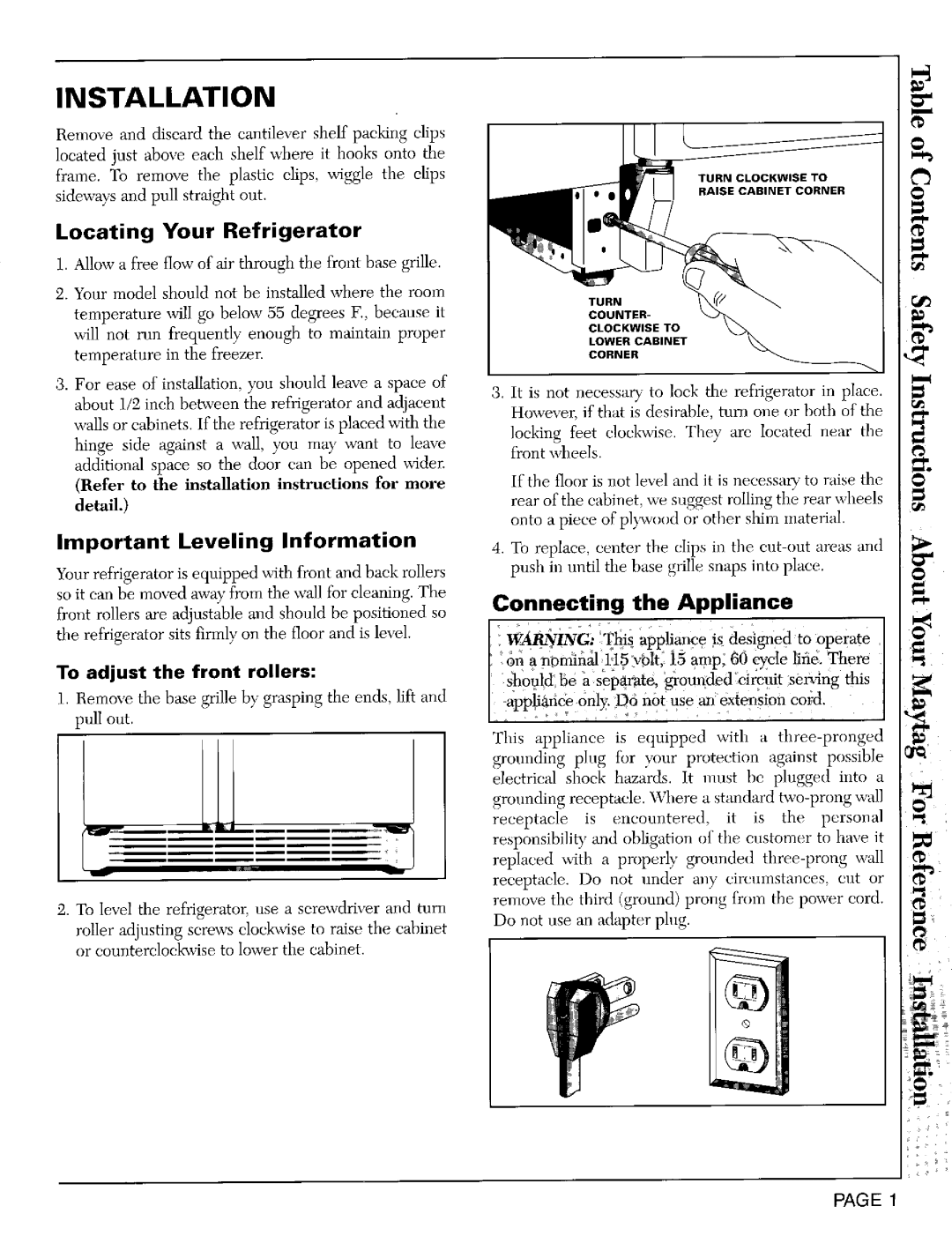 Whirlpool RSD2200 Installation, Important Leveling Information, Connecting the Appliance, To adjust the front rollers 