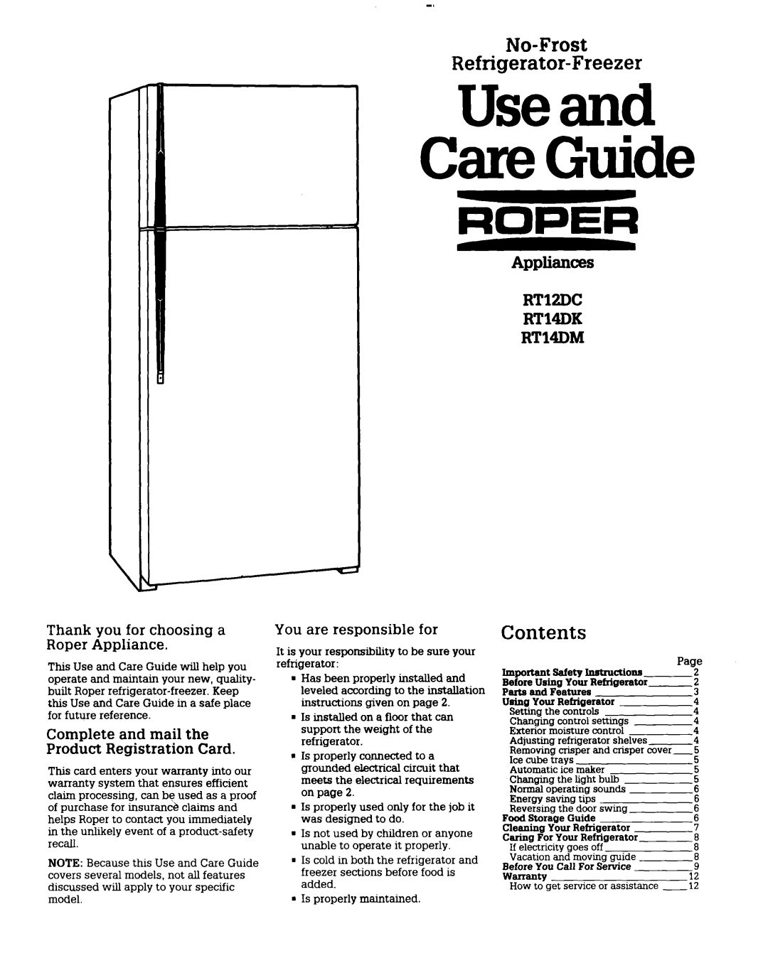 Whirlpool RT12DC warranty Refrigerator-Freezer, Contents 