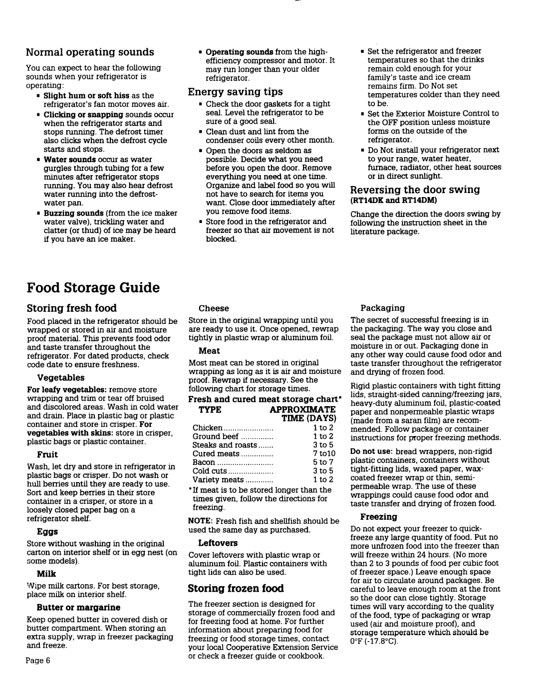 Whirlpool RT12DC warranty Food Storage Guide 