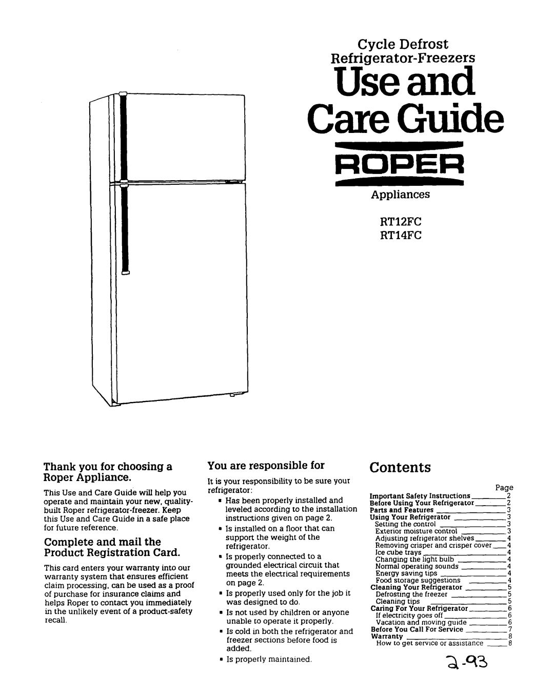 Whirlpool RT14FC, RT12FC warranty Cycle Defrost Refrigerator-Freezers, Contents 