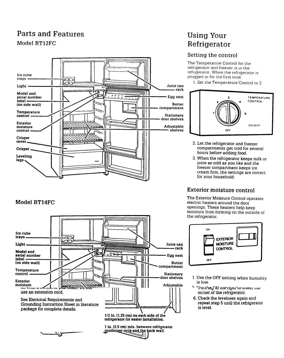 Whirlpool RT12FC warranty Model RTlZFC, Model RT14FC, Setting the control, Exterior moisture control 