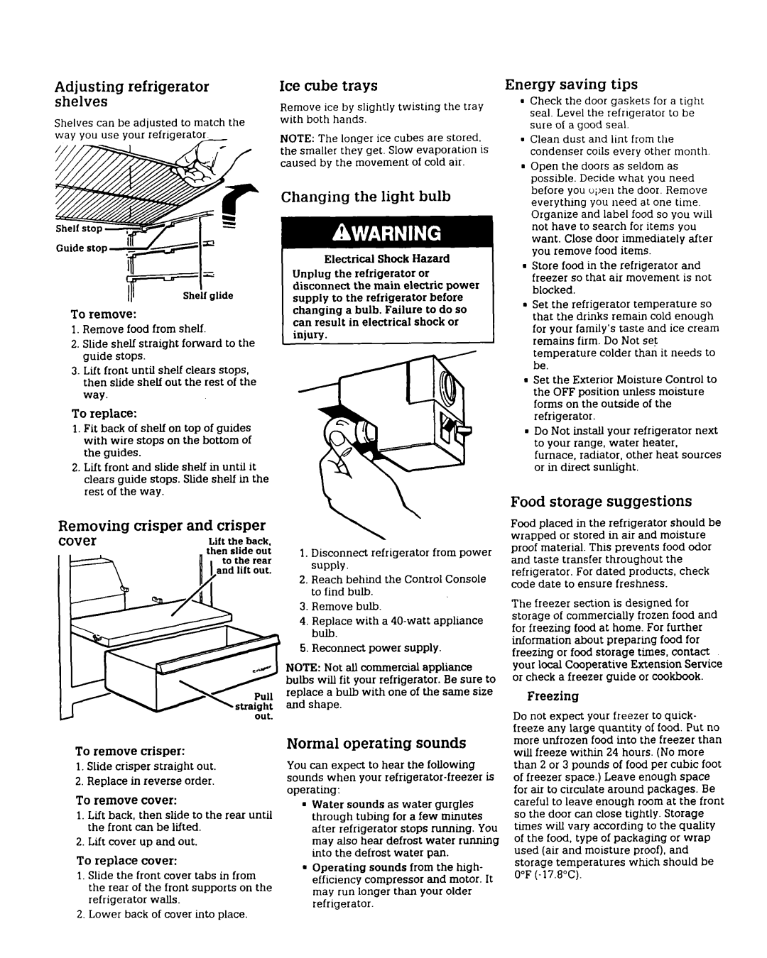 Whirlpool RT12FC Adjusting refrigerator Ice cube trays, Shelves, Changing the light bulb, Food storage suggestions, Cover 