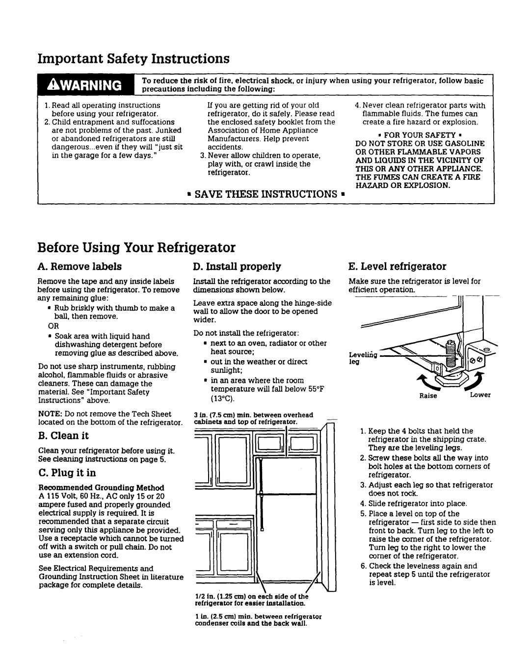 Whirlpool RT12FC Important Safety Instructions, Before Using Your Refrigerator, SAVE THESE INSTRUCTIONS m, B. Clean it 