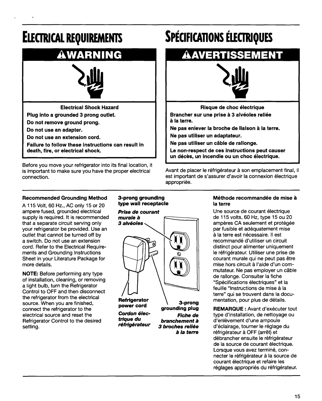 Whirlpool RT14BKXFN00 manual Ektricalrequirements SPfClFlCAllONSkTRlQUES 