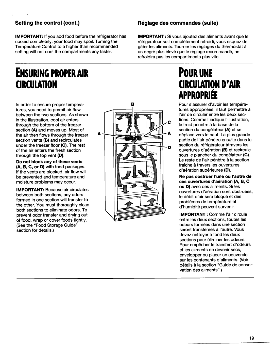 Whirlpool RT14BKXFN00 manual Ensuringproperair ClRClllATlON, Setting Control Rdglage des commandes Suite 