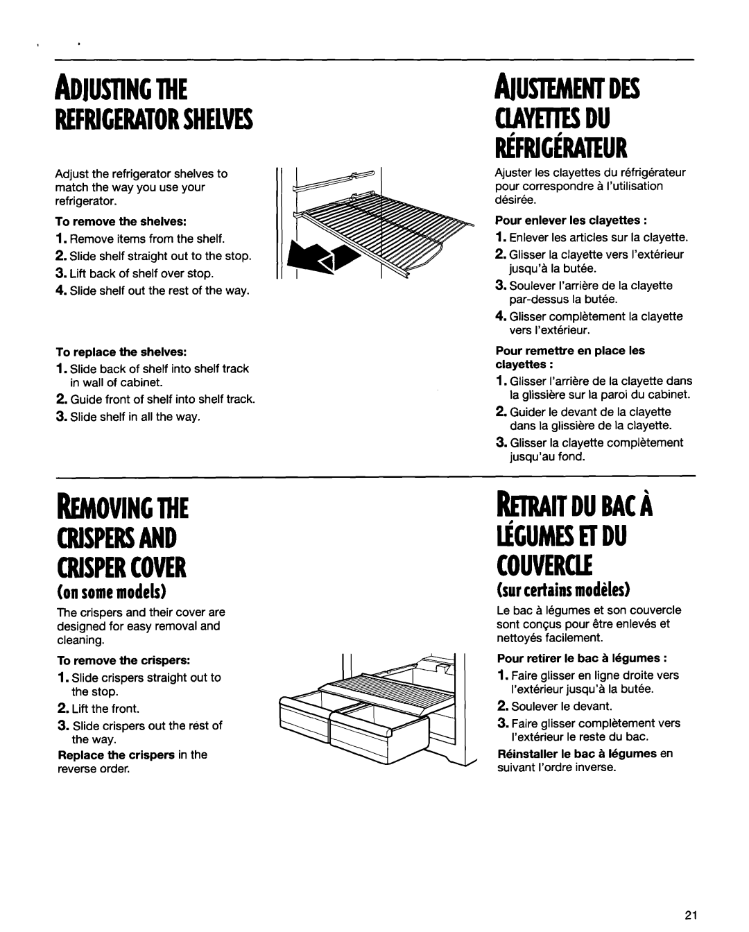 Whirlpool RT14BKXFN00 manual Refrigeratorshelves, Crispersand Crispercover, ~U~Entdes, On somemodels 