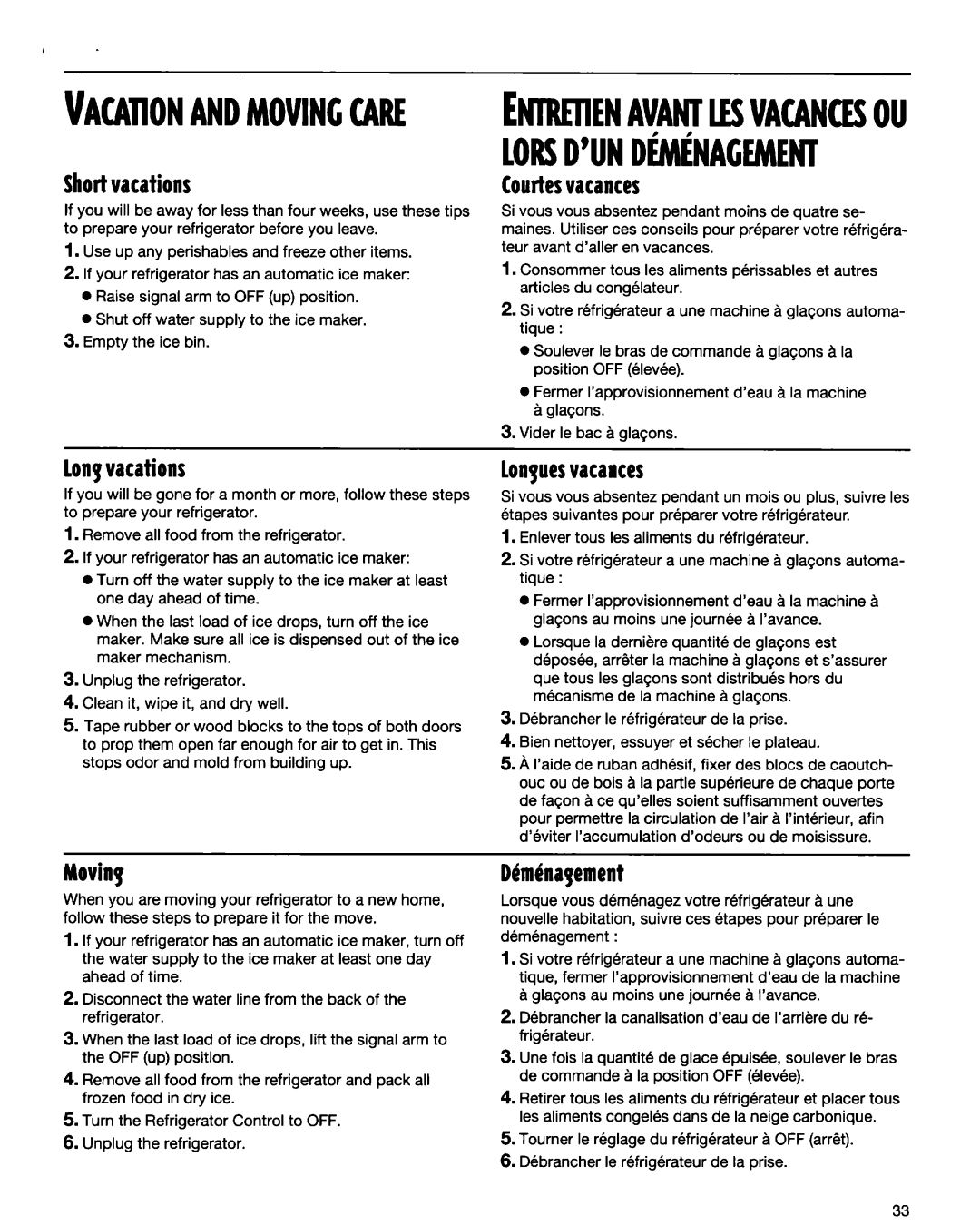 Whirlpool RT14BKXFN00 manual Shortvacations, Longvacations, Moving, Courtesvacances, Lonpuesvacances, Dhninayement 