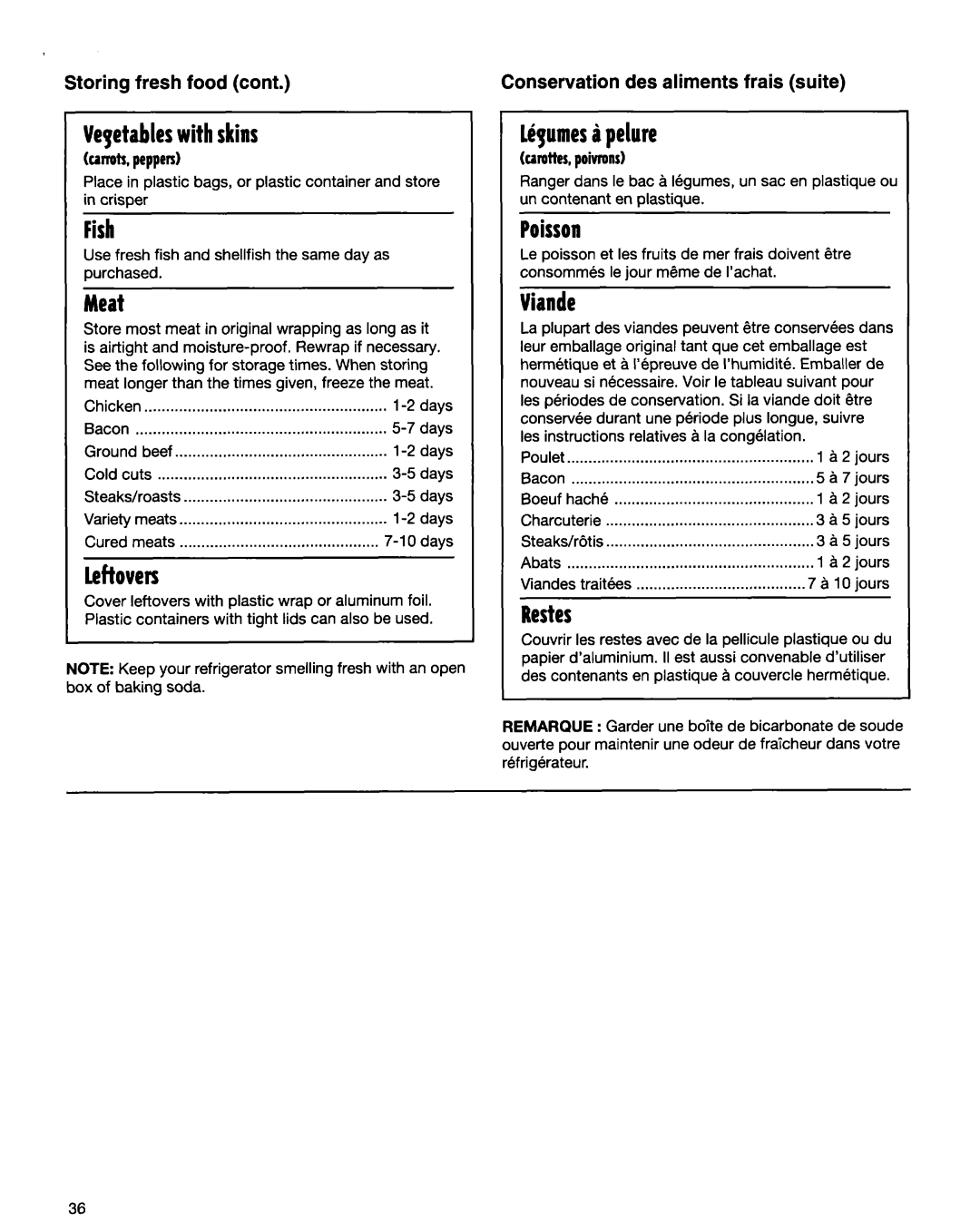 Whirlpool RT14BKXFN00 manual Vegetableswith skins, Fish, Meat, Leftovers, Uymes i pelure, Poisson, Viande, Restes 