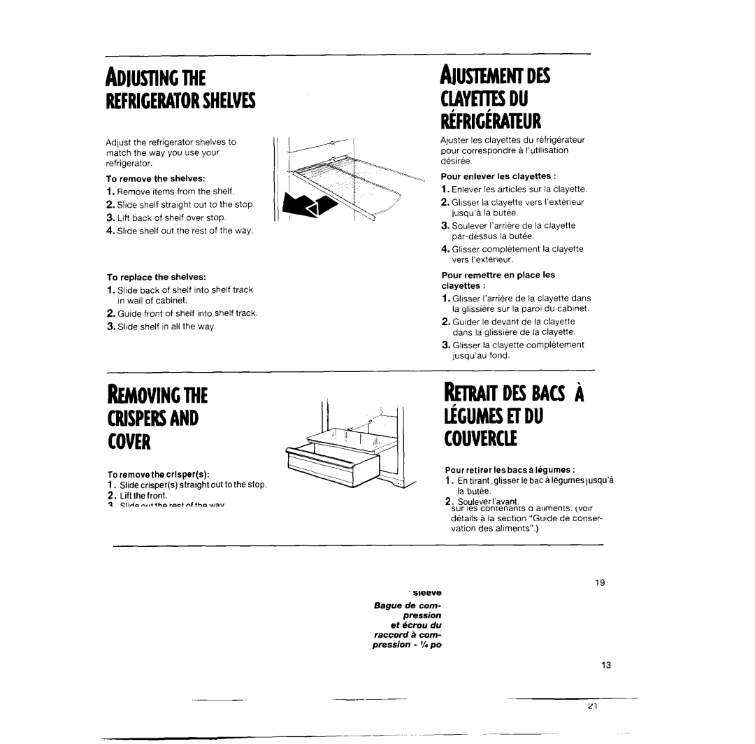 Whirlpool RT14BKXFN02 manual Refrigeratorshelves, Removingthe, Cover, ~Friclra~Ur, Couvercli 