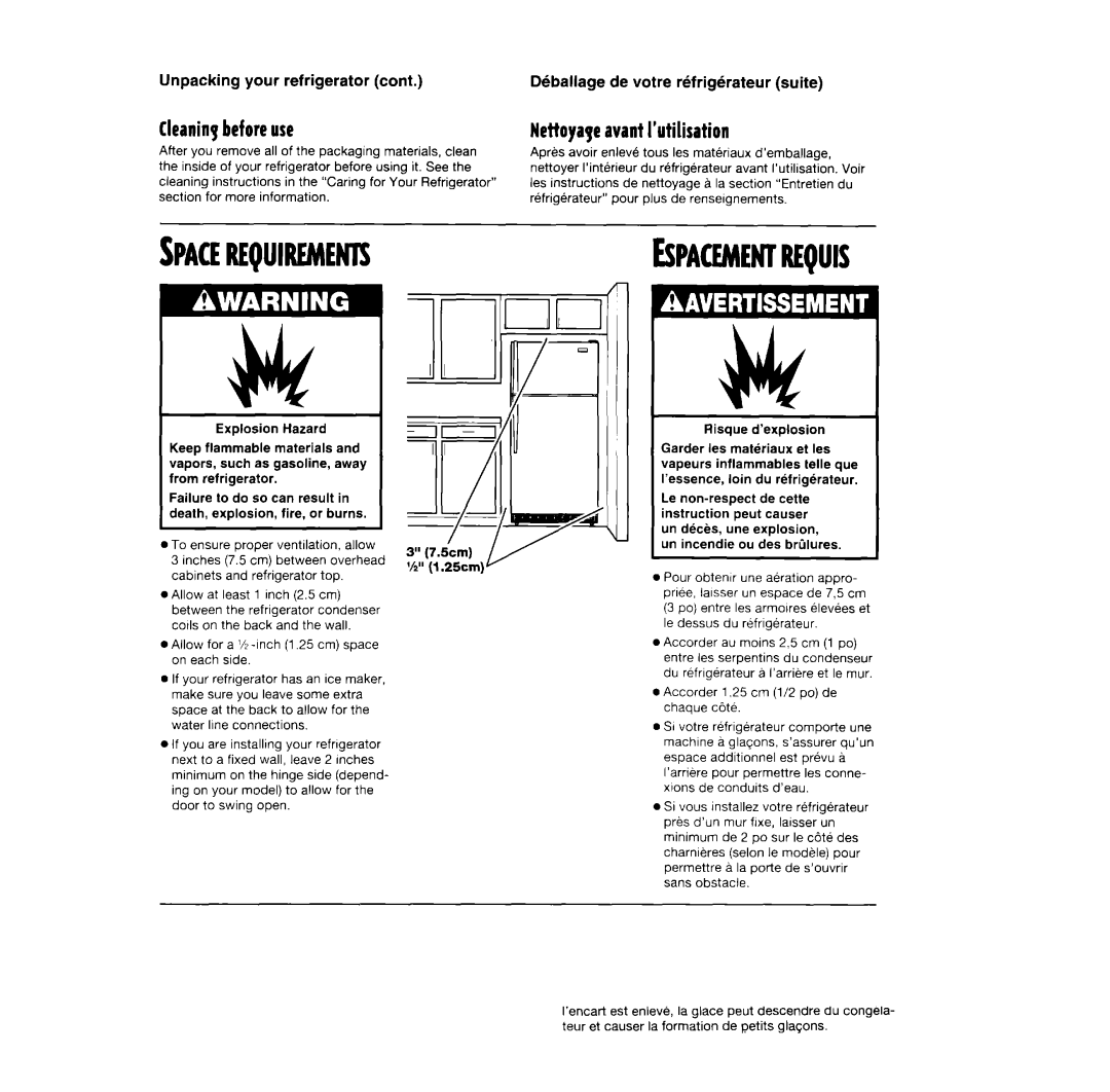 Whirlpool RT14BKXFN02 manual Spacerequirements, Cleaningbeforeuse, Nettoyqe avant htilisation, Unpacking your refrigerator 