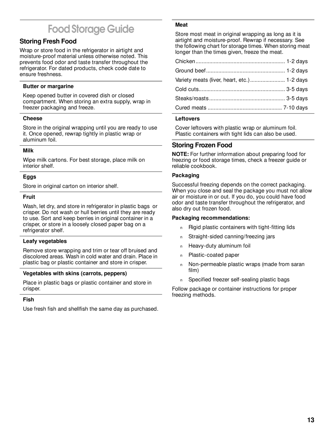 Whirlpool RT14BKXJW00 manual Food Storage Guide, Storing Fresh Food, Storing Frozen Food 