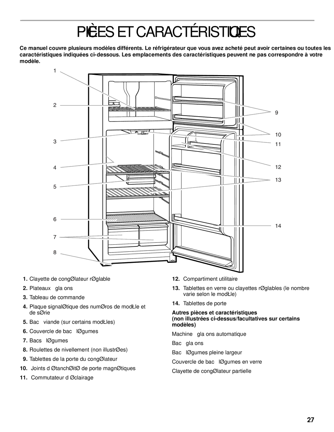 Whirlpool RT14BKXJW00 manual Pièces ET Caractéristiques 