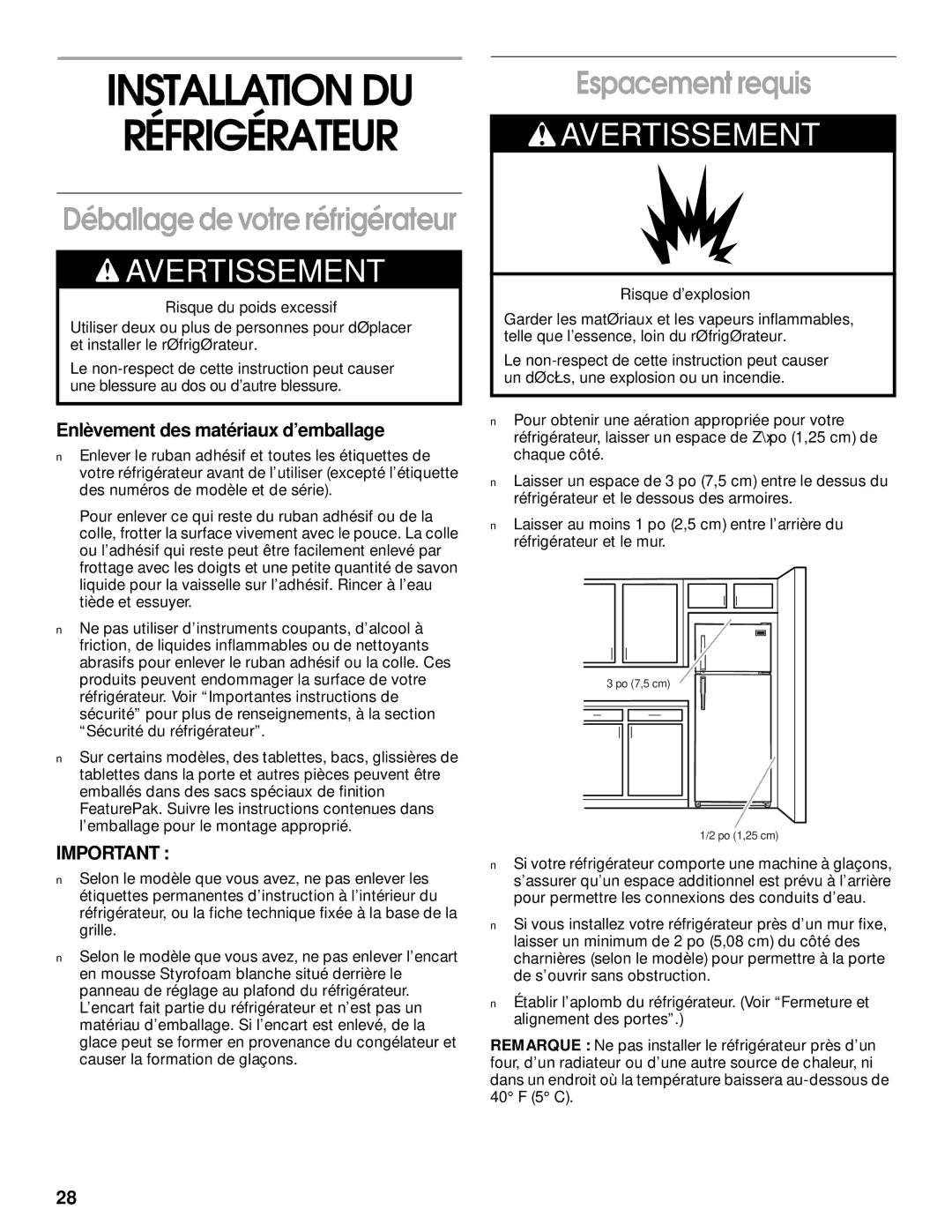 Whirlpool RT14BKXJW00 manual Installation DU Réfrigérateur, Espacement requis, Enlèvement des matériaux d’emballage 