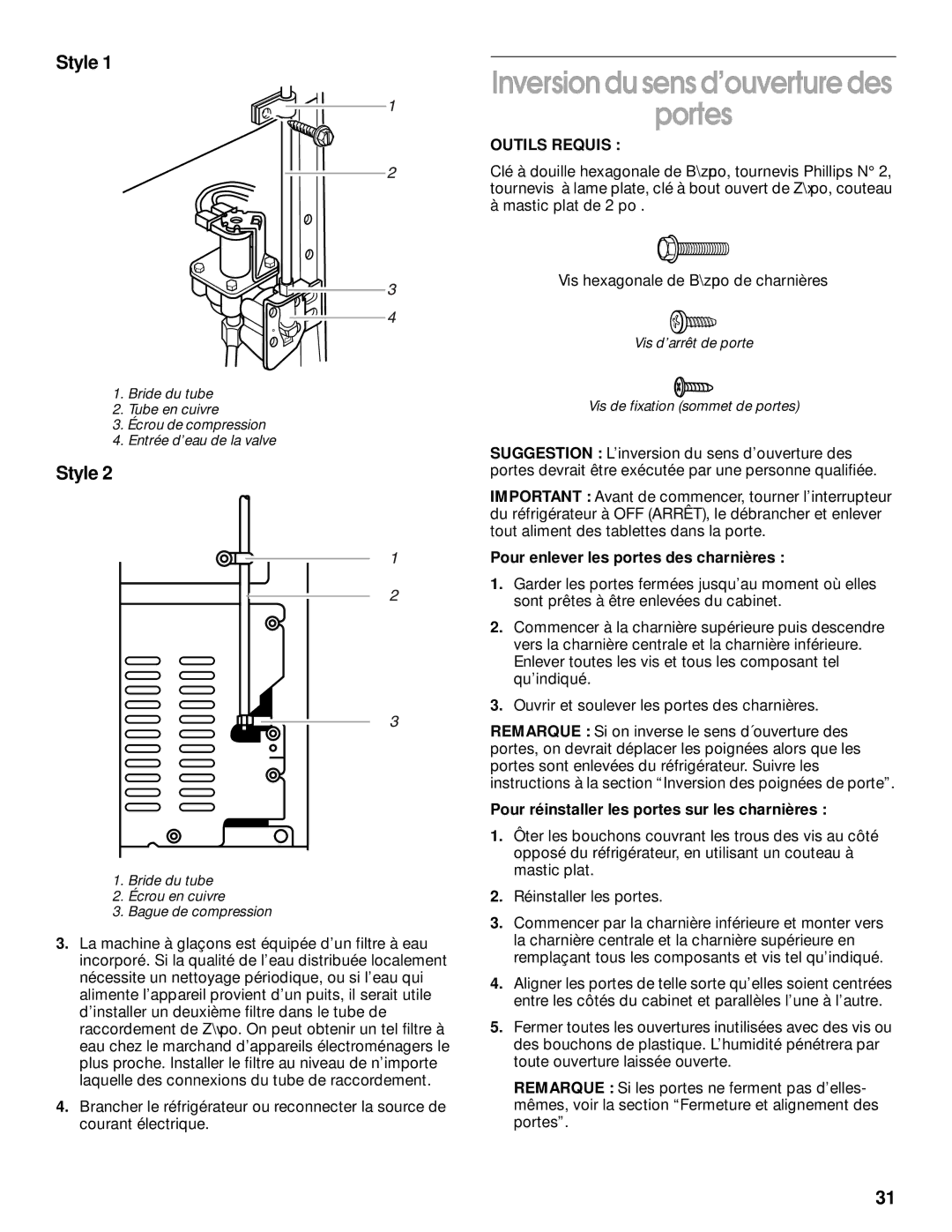 Whirlpool RT14BKXJW00 manual Portes, Outils Requis, Pour enlever les portes des charnières 