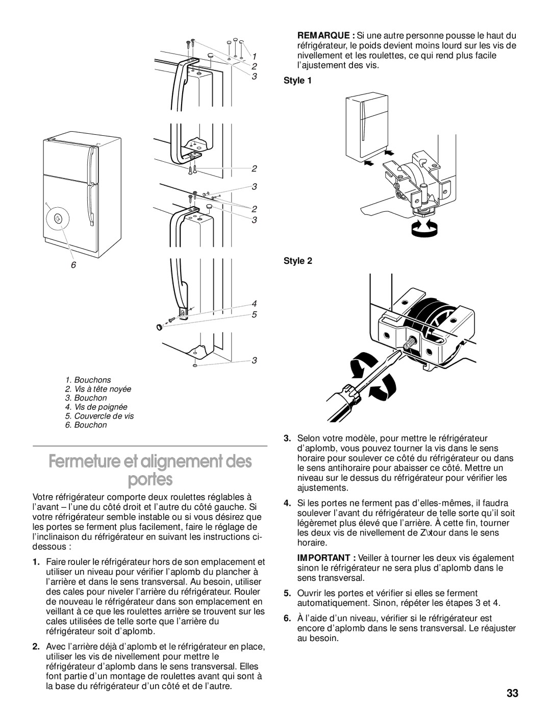 Whirlpool RT14BKXJW00 manual Fermeture et alignement des Portes, Style 