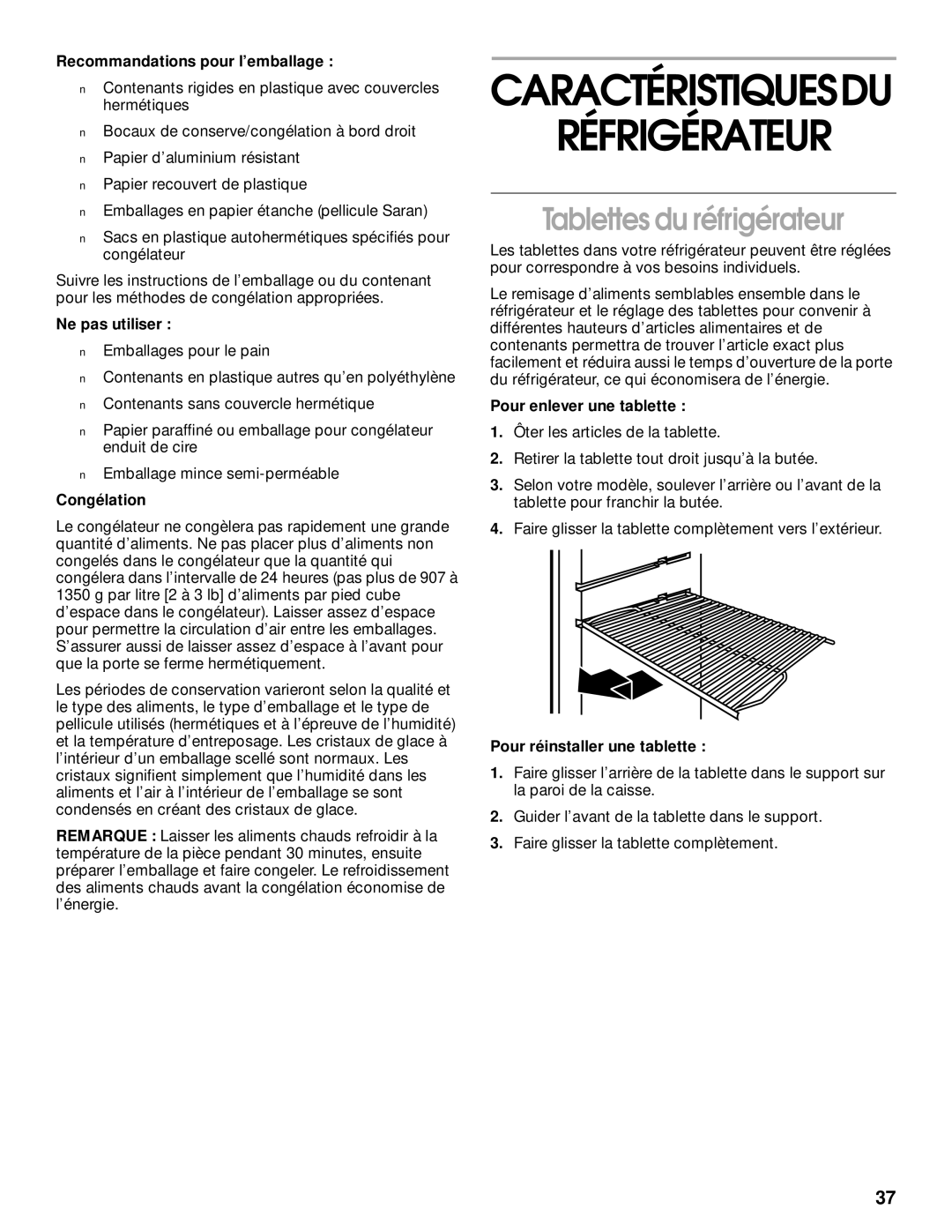 Whirlpool RT14BKXJW00 manual Tablettes du réfrigérateur 