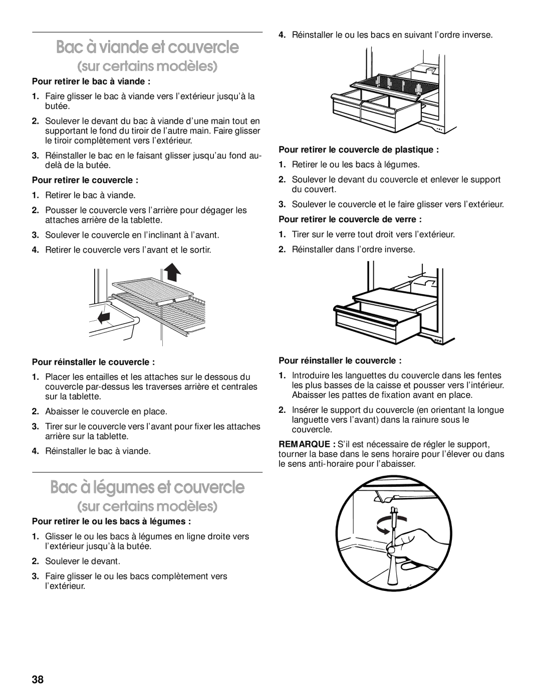 Whirlpool RT14BKXJW00 manual Bac à viande et couvercle, Bac à légumes et couvercle 