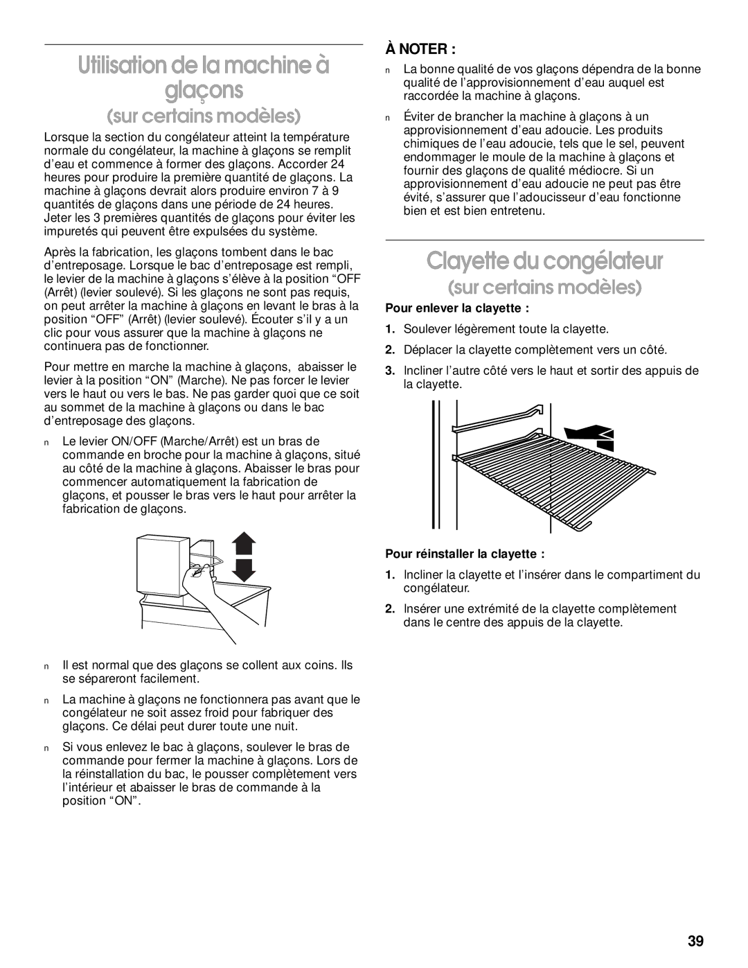 Whirlpool RT14BKXJW00 manual Utilisation de la machine à Glaçons, Clayette du congélateur, Pour enlever la clayette 