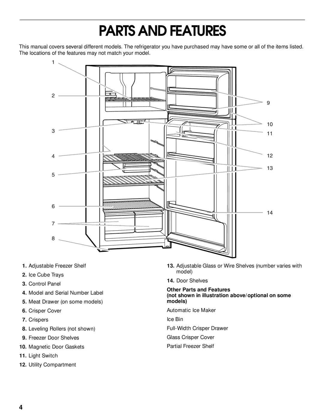 Whirlpool RT14BKXJW00 manual Parts and Features 