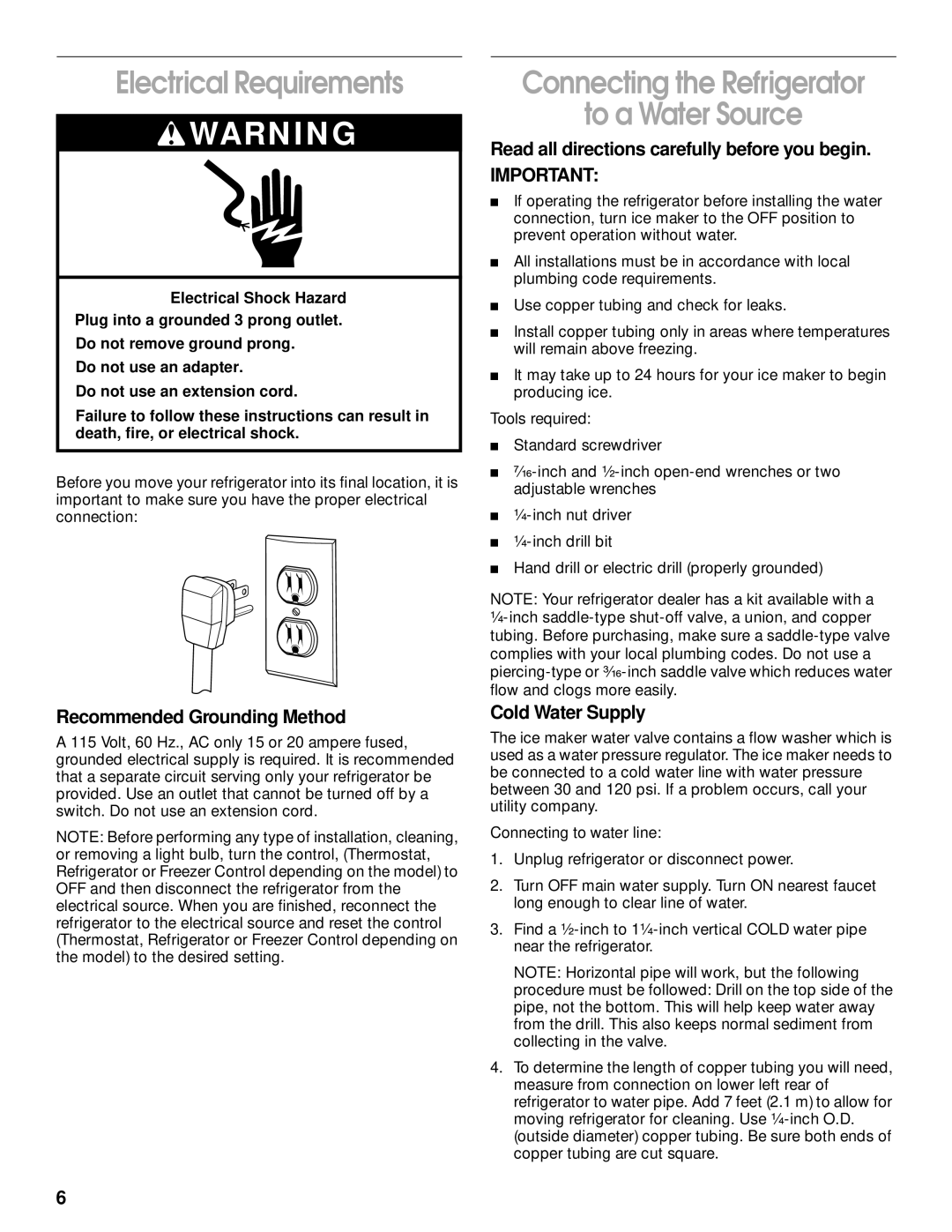 Whirlpool RT14BKXJW00 Electrical Requirements, Connecting the Refrigerator To a Water Source, Recommended Grounding Method 