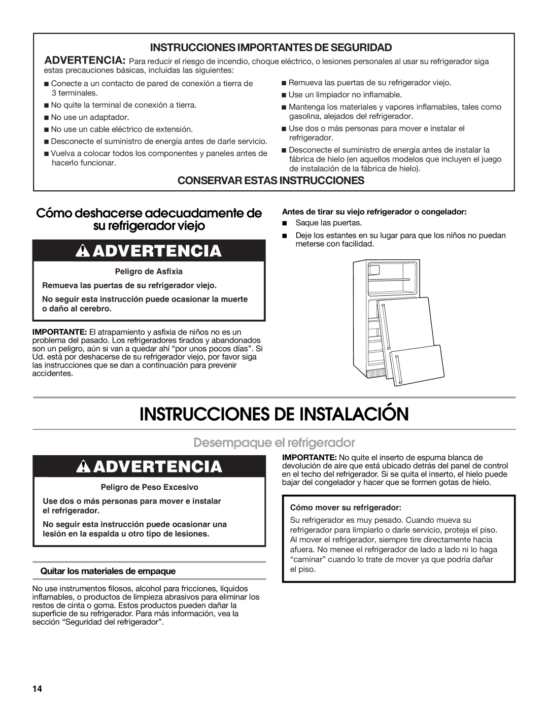 Whirlpool RT14BKXSQ00 warranty Instrucciones DE Instalación, Desempaque el refrigerador, Quitar los materiales de empaque 