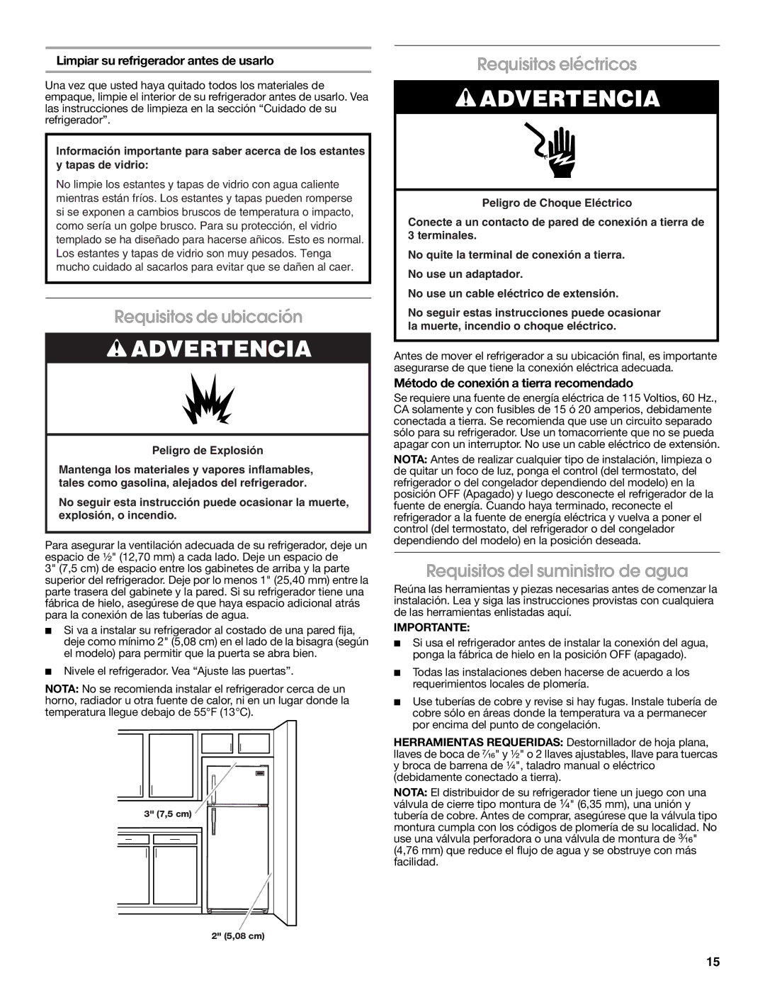 Whirlpool RT14BKXSQ00 warranty Requisitos de ubicación, Requisitos eléctricos, Requisitos del suministro de agua 